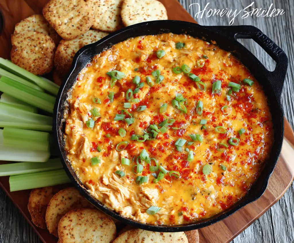 Creamy Honey Sriracha Chicken Dip served with fresh vegetables and tortilla chips.