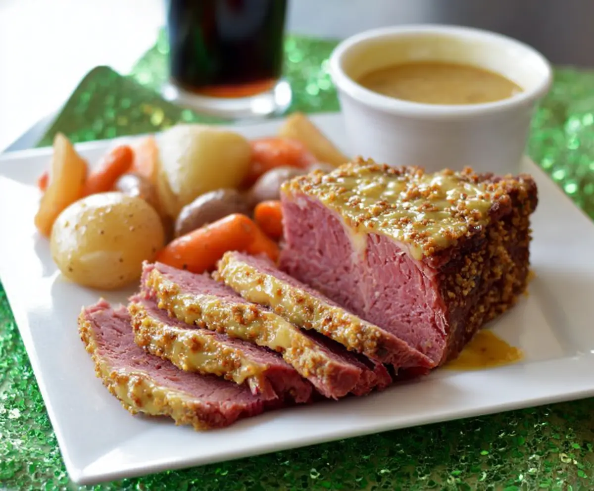 Delicious Instant Pot corned beef with a savory mustard glaze served on a wooden cutting board.