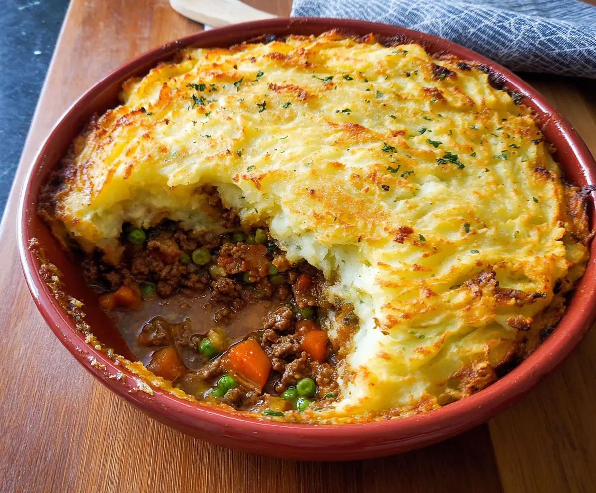 Traditional Irish Cottage Pie with mashed potatoes and savory minced beef topped with fresh herbs.
