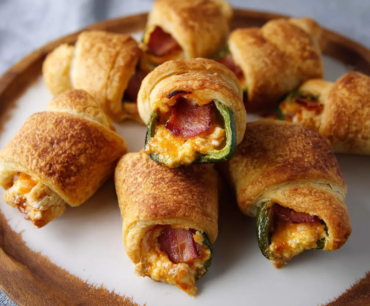 Cheesy jalapeño popper pigs in a blanket served on a white platter for tasty appetizer.