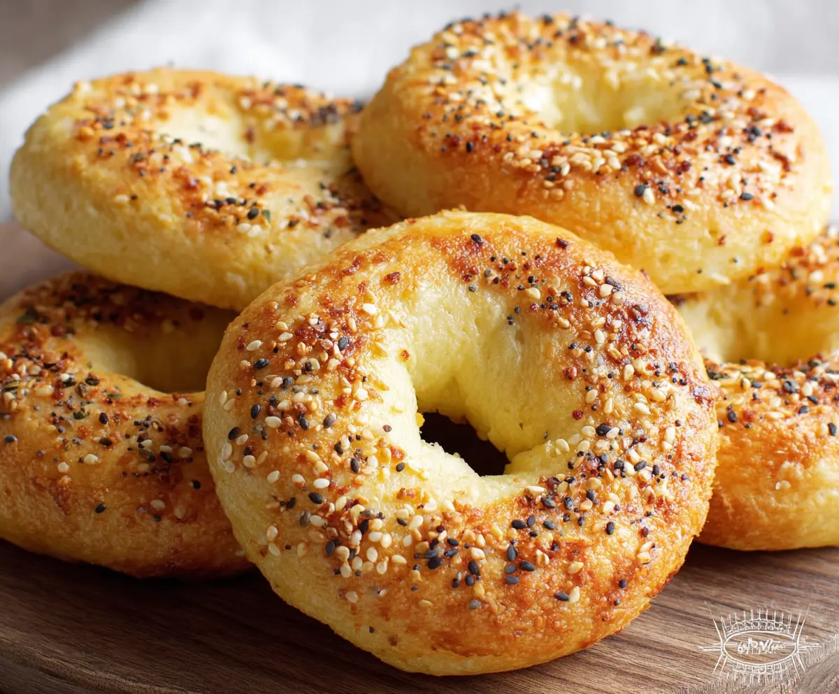 Delicious homemade keto bagels with a golden crust and chewy texture on a wooden board.