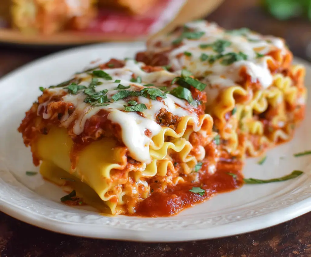 Delicious homemade Lasagna Roll Ups with melted cheese and rich tomato sauce.