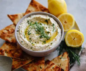 Creamy Lemon and Herb White Bean Dip served with fresh vegetables on a rustic platter.