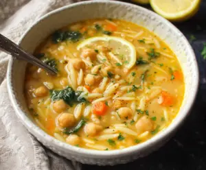 Creamy Lemon Chickpea Orzo Soup served in a white bowl, garnished with fresh herbs and lemon slices.