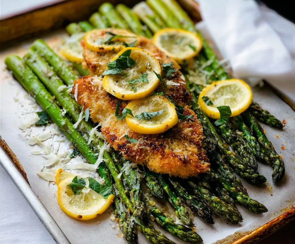 Juicy lemon Parmesan chicken served with fresh asparagus on a white plate.
