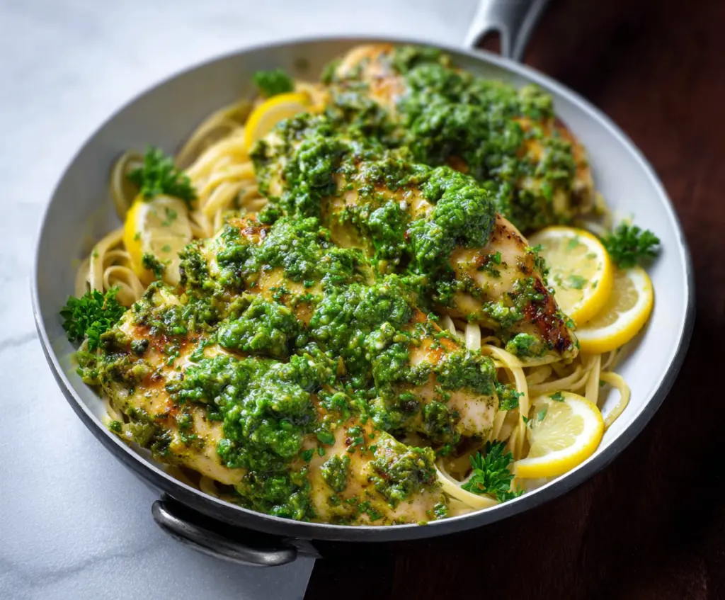 Delicious Lemon Pesto Chicken served with fresh herbs and lemon slices.
