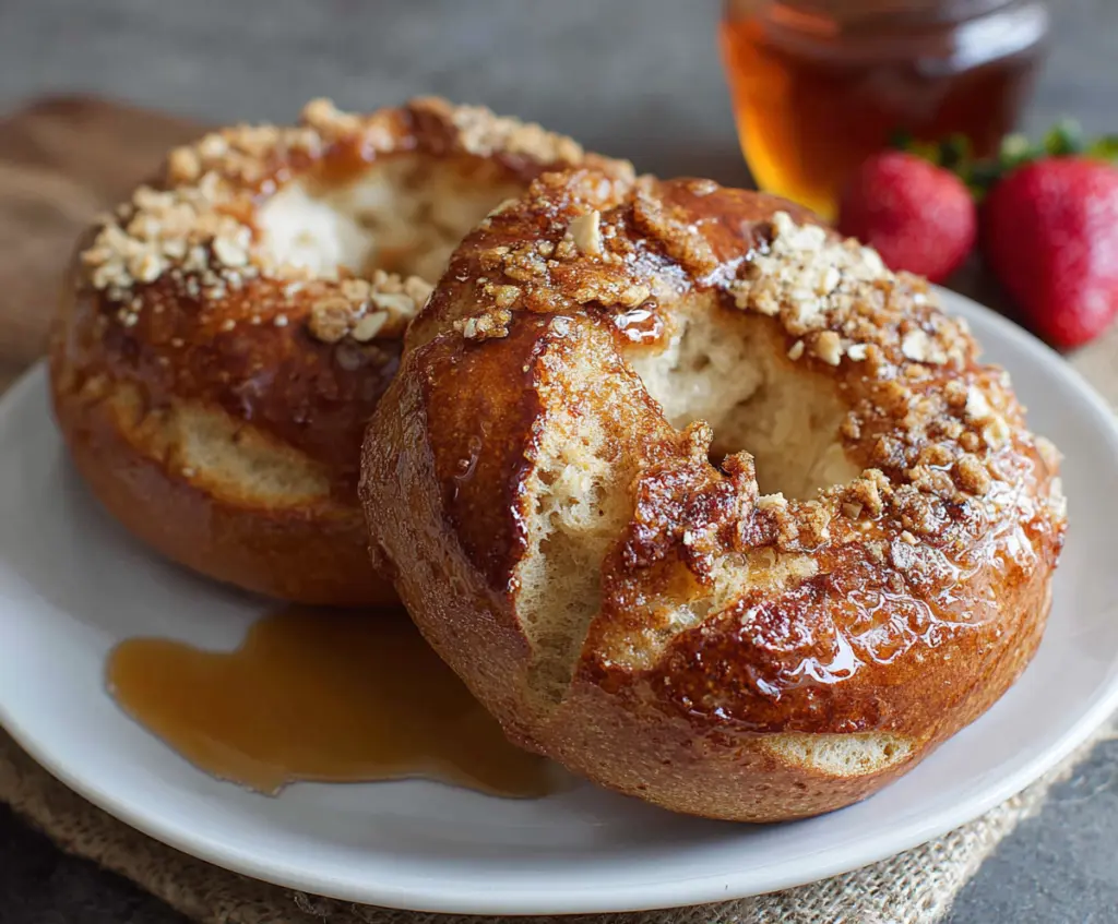 Delicious Maple French Toast Bagels topped with syrup and fresh berries, perfect for breakfast or brunch.