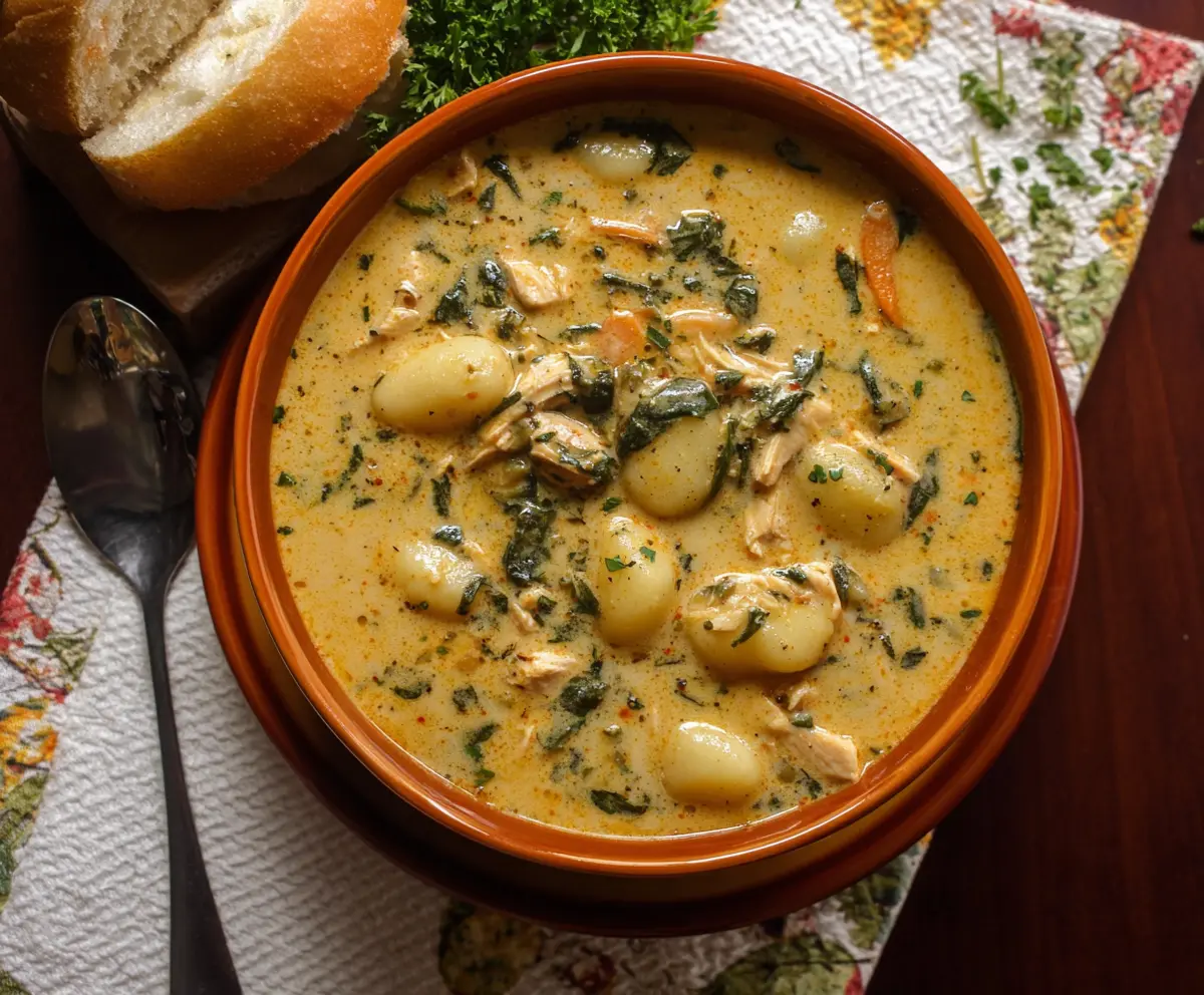 Hearty Marry Me Tuscan Chicken Gnocchi Soup served in a bowl with fresh herbs and a spoon.