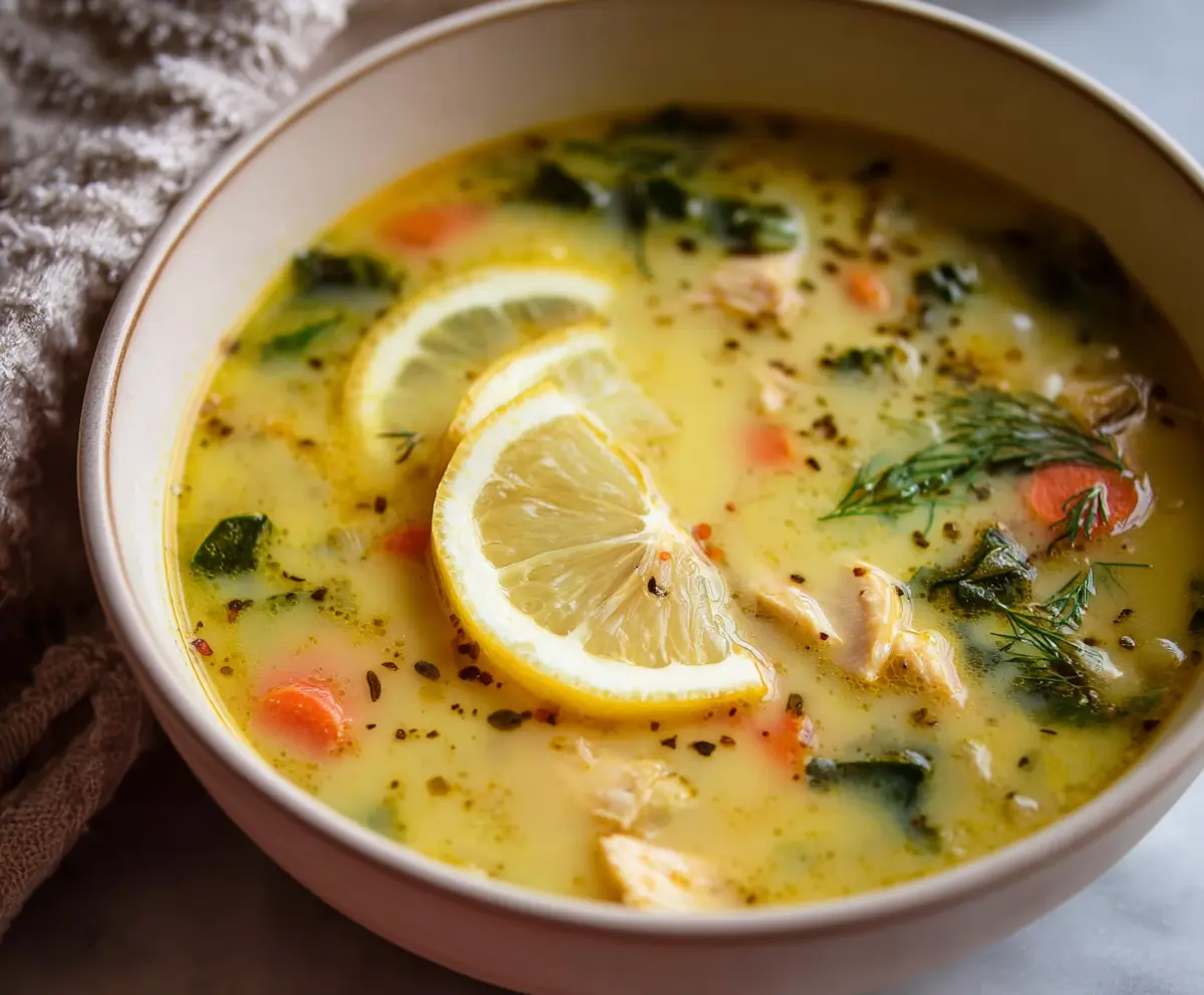 Healthy Mediterranean Lemon Chicken Soup with fresh herbs and tender chicken in a bowl.