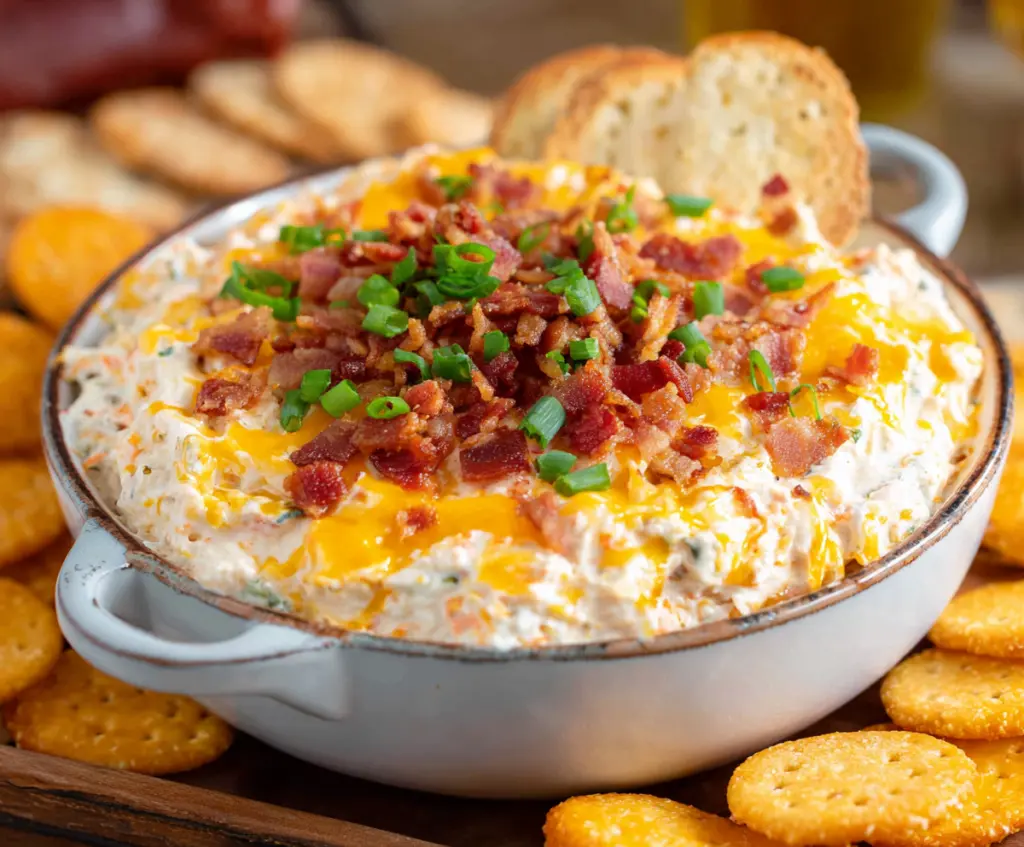 Creamy Million Dollar Dip with crispy bacon and melted cheese in a bowl, perfect for parties.