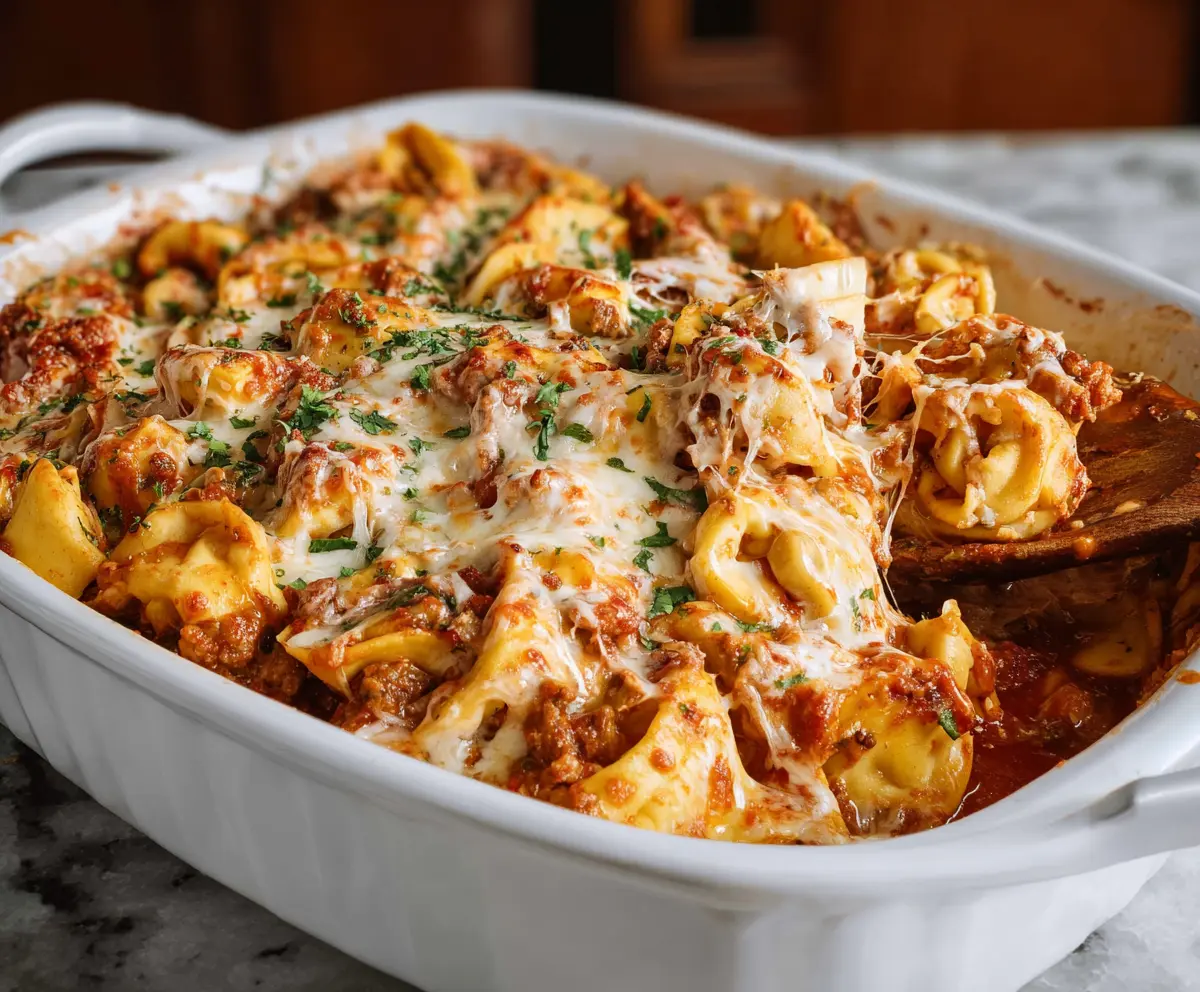 Delicious Million Dollar Tortellini Casserole with melted cheese and flavorful ingredients