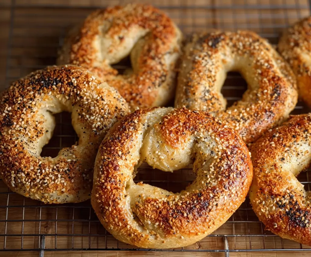 Delicious Montreal Style Bagels with a glossy crust and chewy interior on a rustic wooden table.
