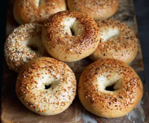 Homemade No Yeast Sourdough Discard Bagels on a wooden board with seeds and cream cheese