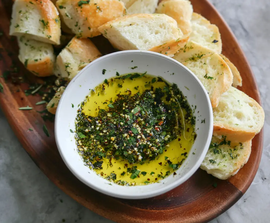 Delicious olive oil bread dip with fresh herbs for a savory appetizer