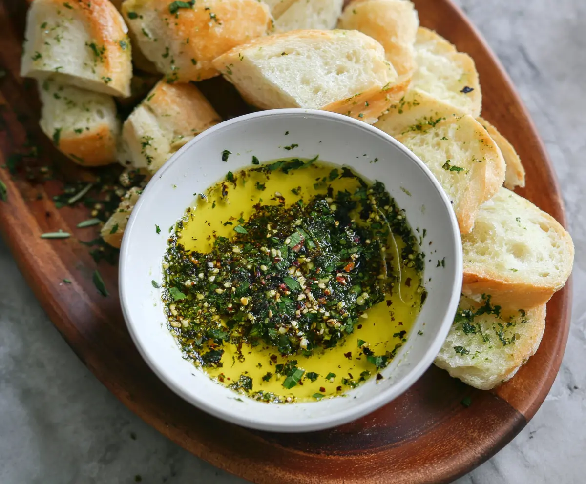 Delicious olive oil bread dip with fresh herbs for a savory appetizer