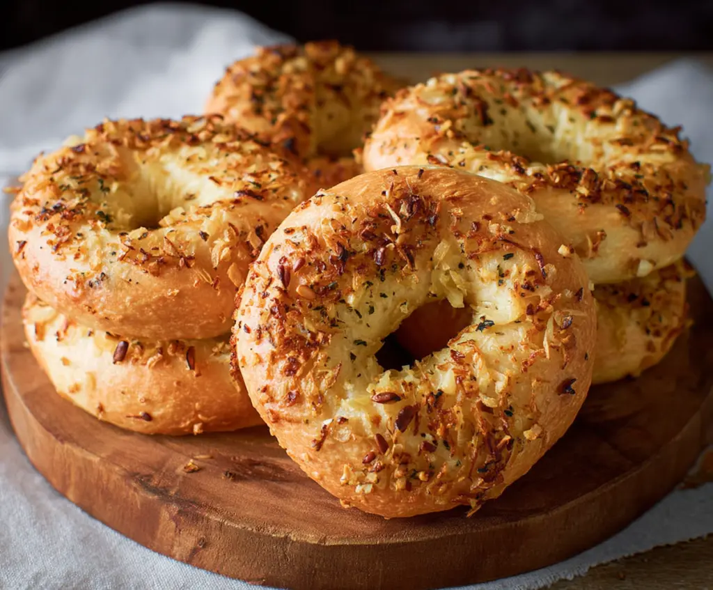 Freshly baked onion bagels with golden crust, perfect for breakfast or snacks.