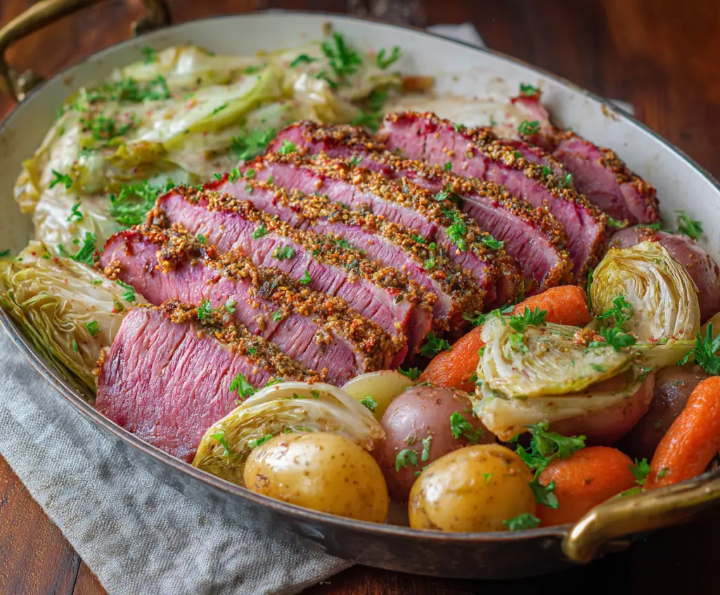Oven roasted corned beef and cabbage served on a plate with golden potatoes and fresh herbs