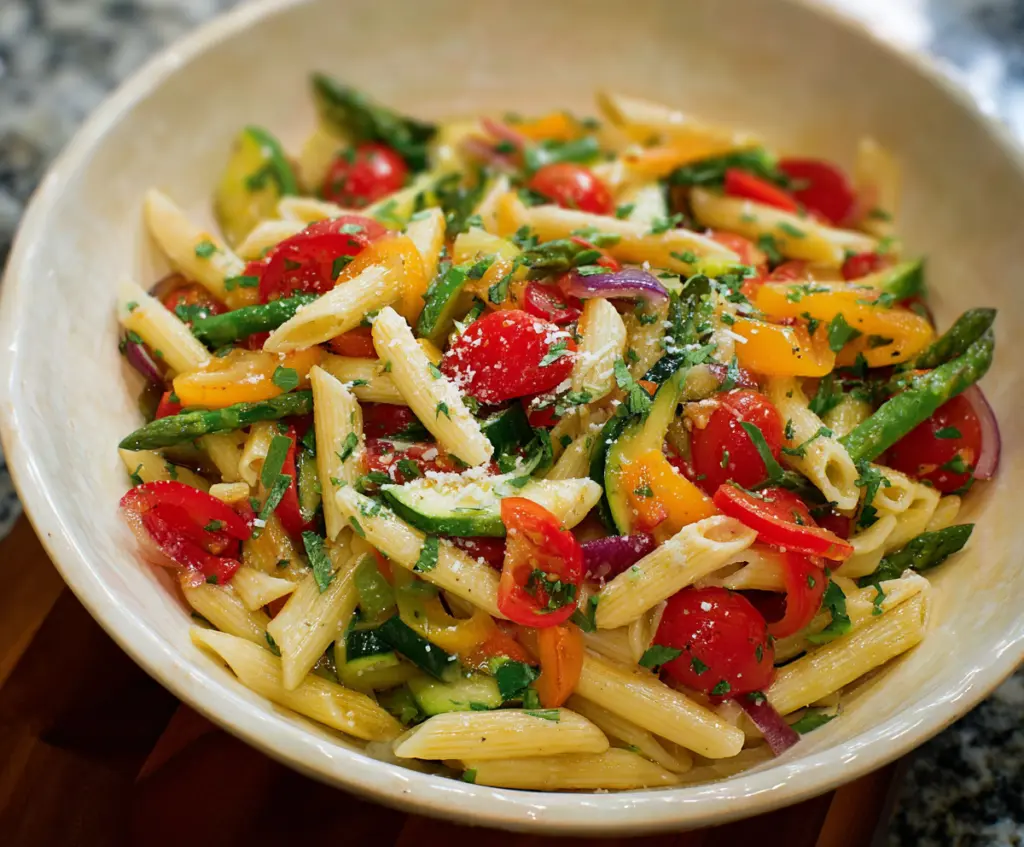 Colorful Pasta Primavera with fresh vegetables and herbs on a white plate