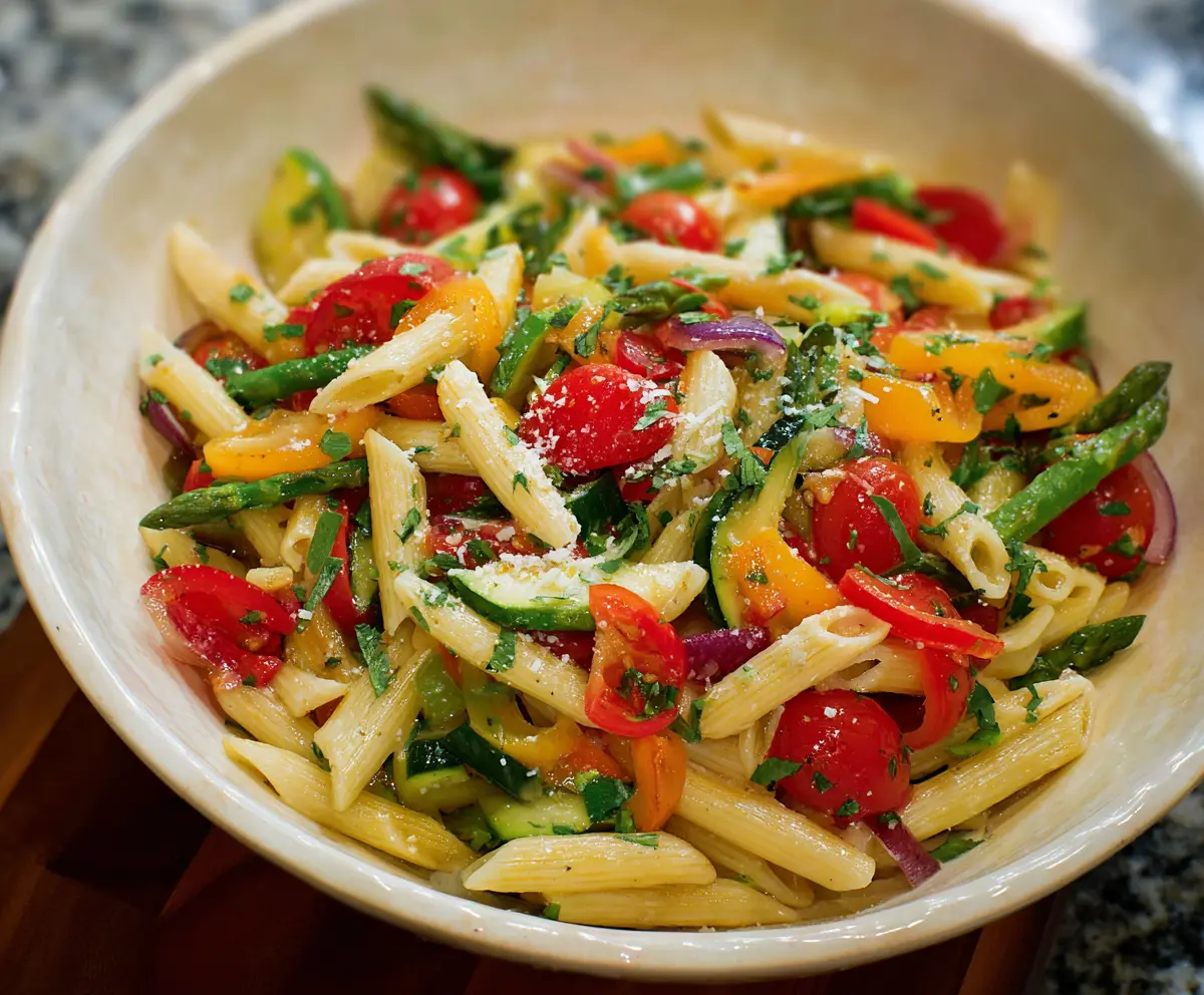 Colorful Pasta Primavera with fresh vegetables and herbs on a white plate