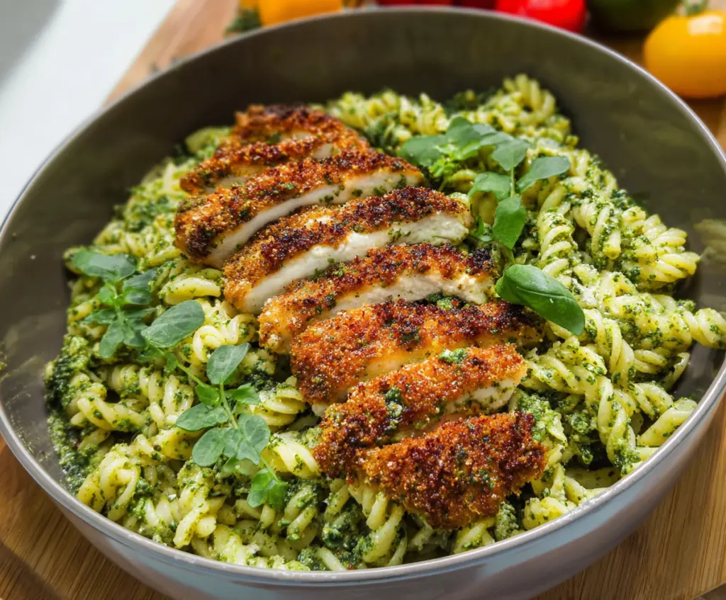 Delicious pesto pasta topped with crispy Parmesan chicken for a flavorful meal.