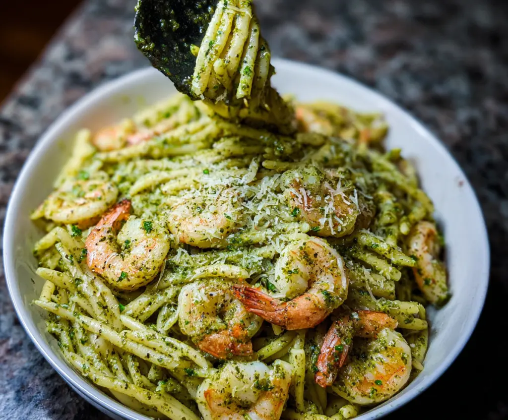 Delicious pesto shrimp pasta with fresh basil and cherry tomatoes on a white plate.