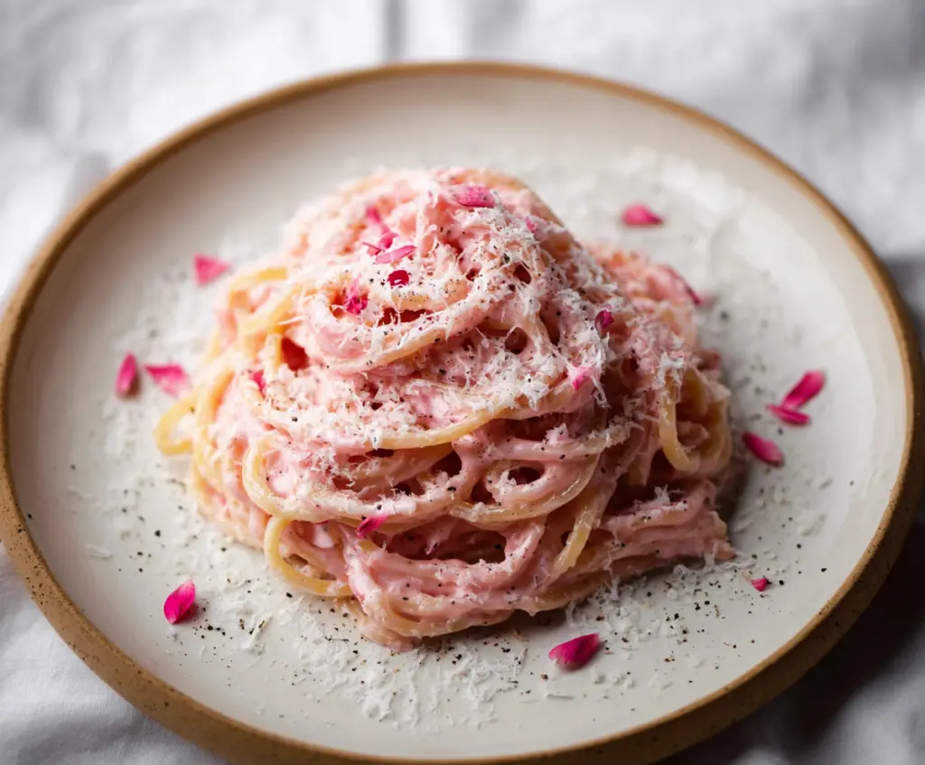 Delicious Pink Cacio e Pepe pasta dish garnished with black pepper and cheese.