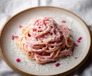 Delicious Pink Cacio e Pepe pasta dish garnished with black pepper and cheese.