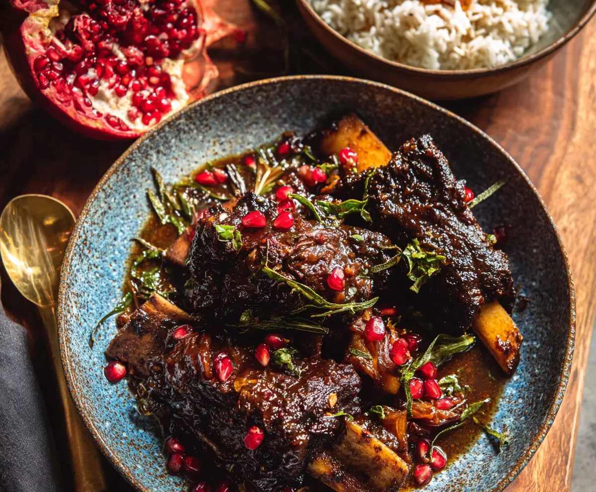 Delicious pomegranate braised short ribs served on a rustic plate with garnished herbs