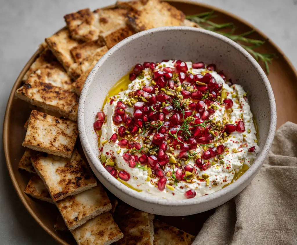 Creamy Pomegranate Pistachio Feta Dip served in a bowl, garnished with fresh herbs and pomegranate seeds, perfect for appetizer platters.