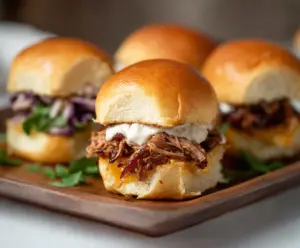 Delicious pulled pork sliders with fresh buns and savory toppings on a plate.