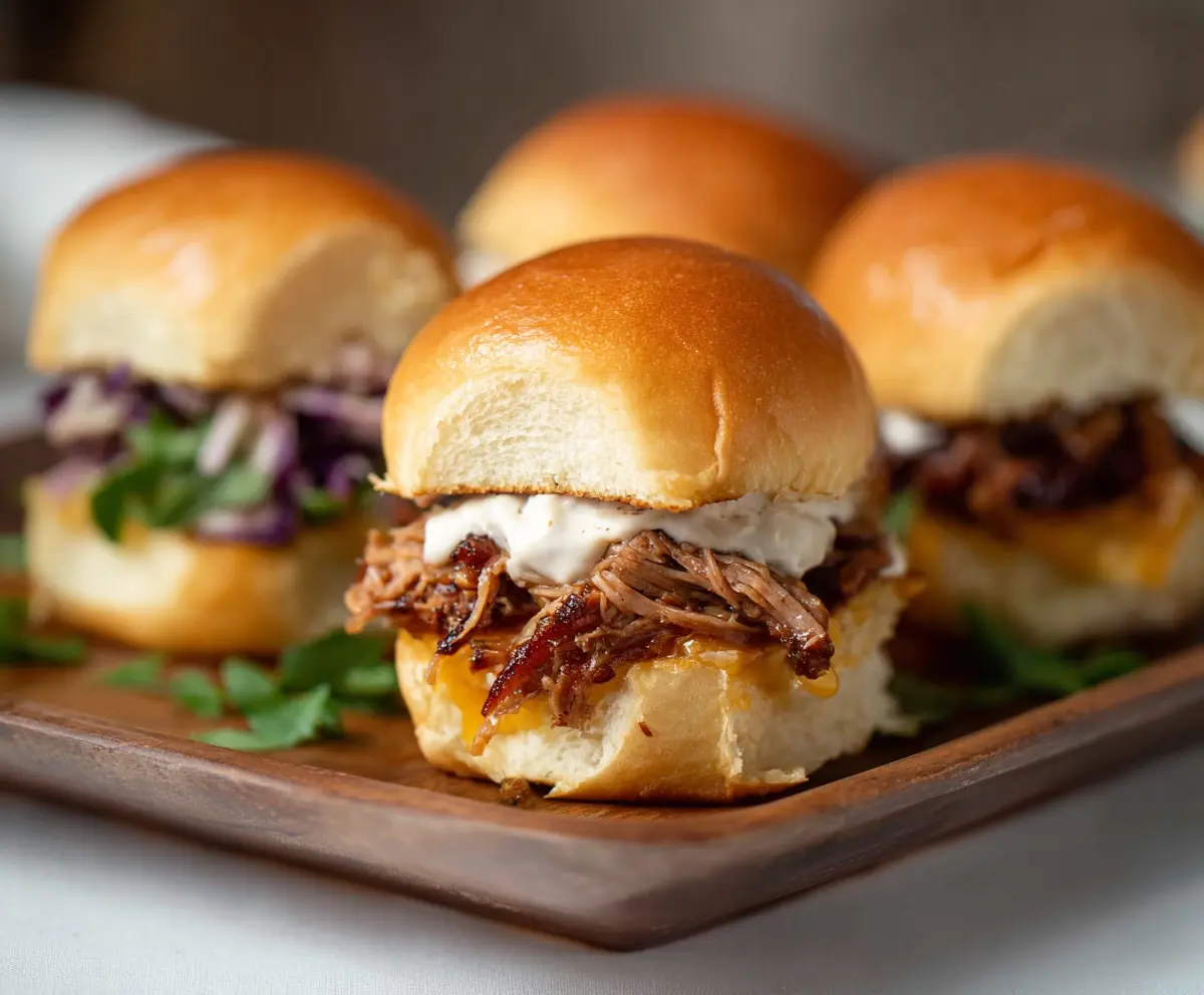 Delicious pulled pork sliders with fresh buns and savory toppings on a plate.