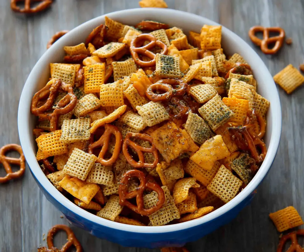 Crunchy Ranch Chex Mix with assorted snack crackers and pretzels in a bowl.