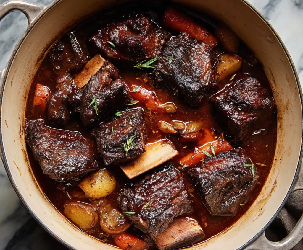 Delicious red wine braised short ribs served with herbs and vegetables.
