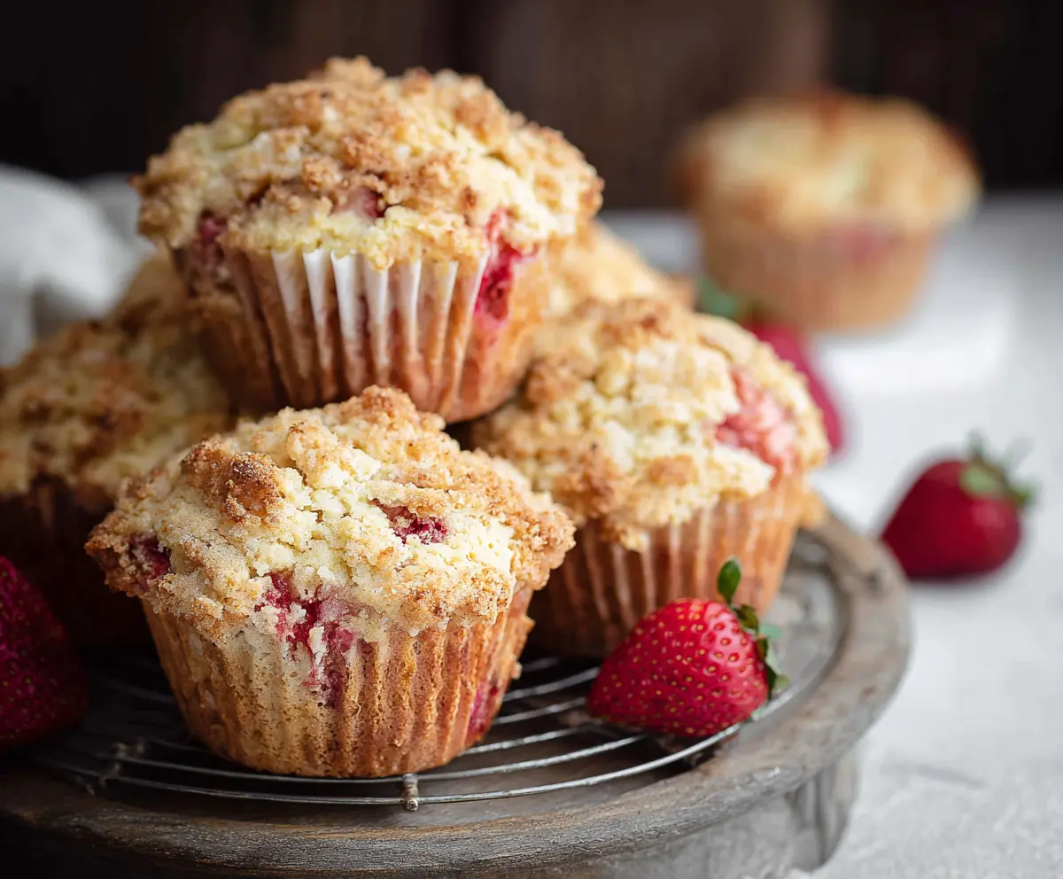 Delicious Rhubarb Strawberry Muffins fresh out of the oven, showing golden tops and vibrant fruit filling.