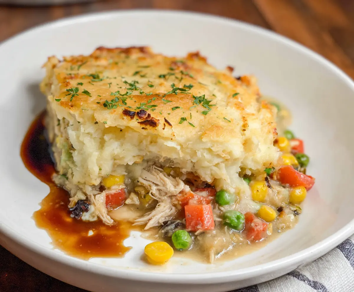 Delicious homemade Rotisserie Chicken Shepherd's Pie with golden mashed topping and savory filling.