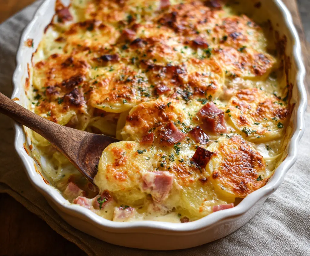 Delicious scalloped potatoes with ham in a creamy baked casserole
