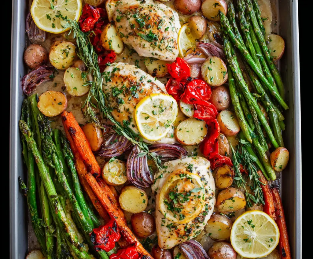 Delicious sheet pan lemon herb chicken with colorful vegetables on a baking sheet.