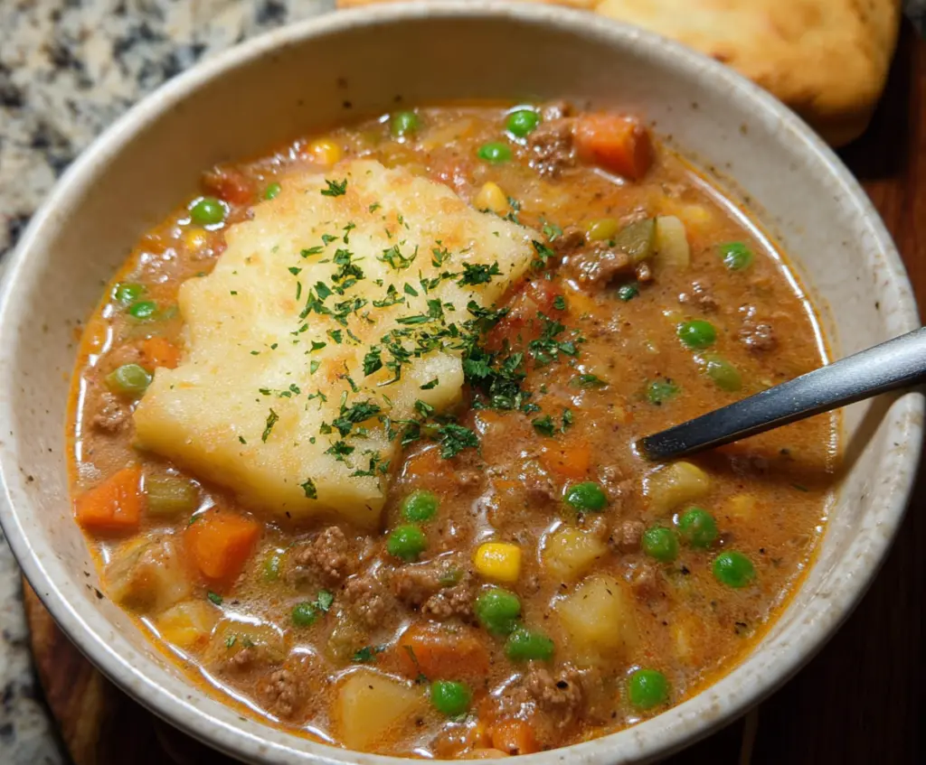 Hearty Shepherd's Pie Soup with mashed potatoes, ground meat, and vegetables in a bowl.