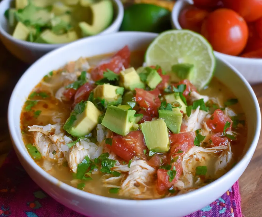 Delicious slow cooker Mexican chicken lime soup in a bowl with fresh cilantro and lime slices.