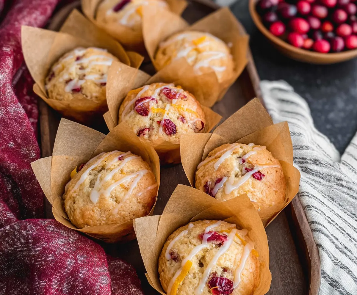 Delicious sourdough cranberry orange muffins fresh out of the oven with vibrant cranberries and zesty orange zest.