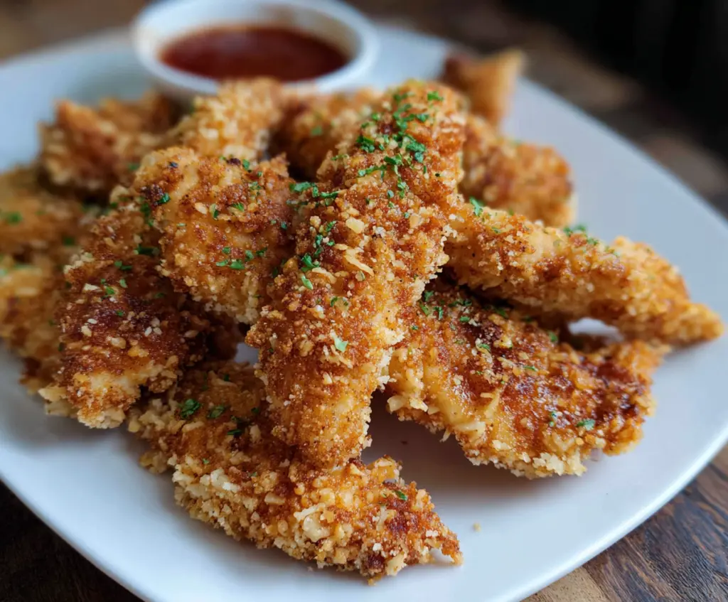 Golden crispy sourdough discard chicken strips served with dipping sauce, perfect snack or meal.
