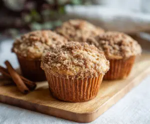 Close-up of sourdough discard cinnamon streusel muffins topped with a crunchy cinnamon sugar crust.