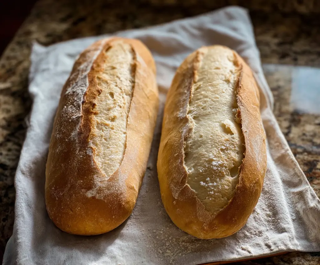 Homemade sourdough discard French bread on a wooden cutting board with a crispy crust and airy interior