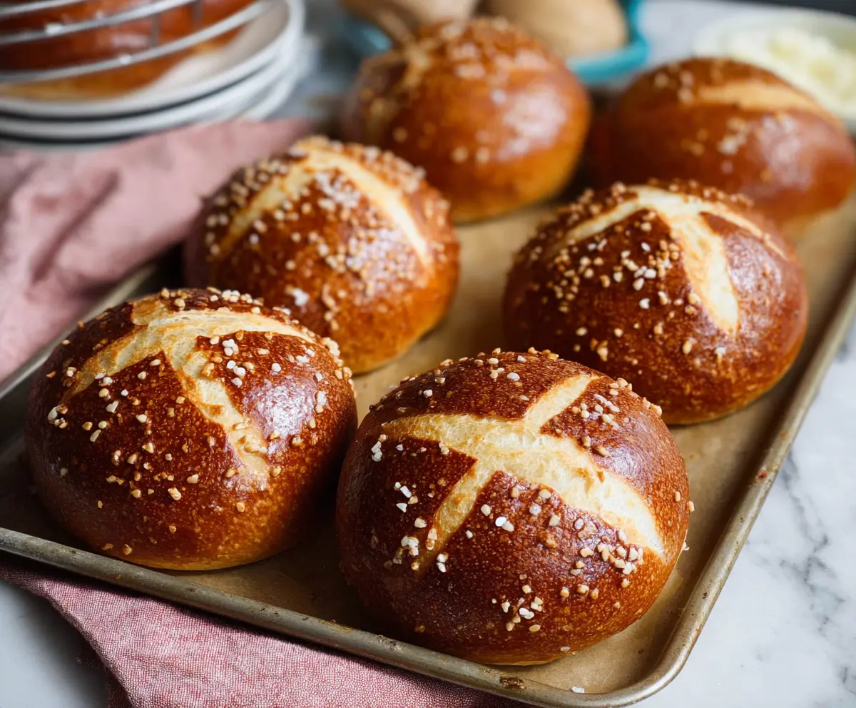 Homemade sourdough discard pretzel buns on a rustic wooden surface.