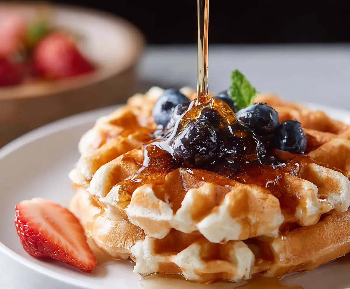 Golden homemade sourdough discard waffles served with fresh berries and syrup.