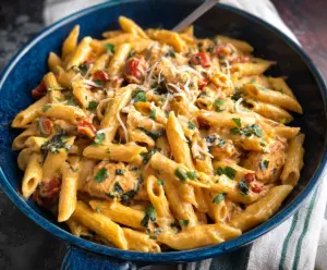 Delicious Southwest Alfredo Penne Pasta with creamy sauce and colorful vegetables on a plate.