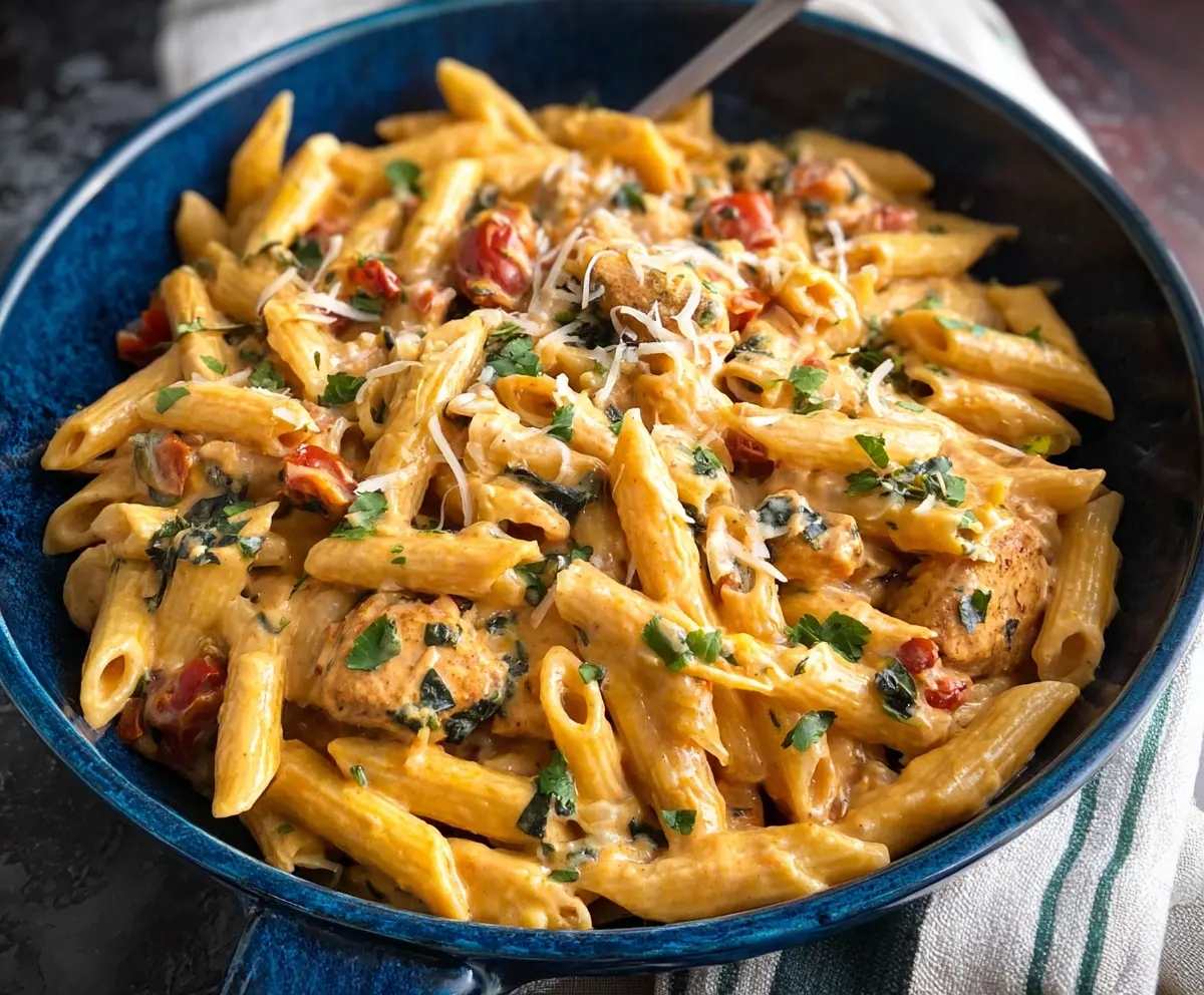Delicious Southwest Alfredo Penne Pasta with creamy sauce and colorful vegetables on a plate.