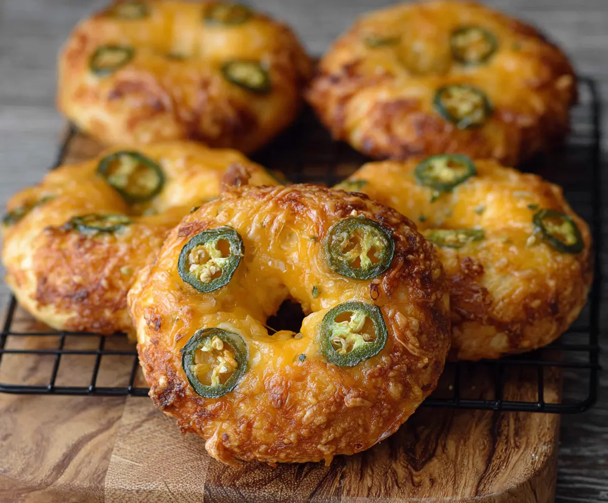 Delicious spicy jalapeño cheddar bagels with a golden crust and gooey cheese inside.