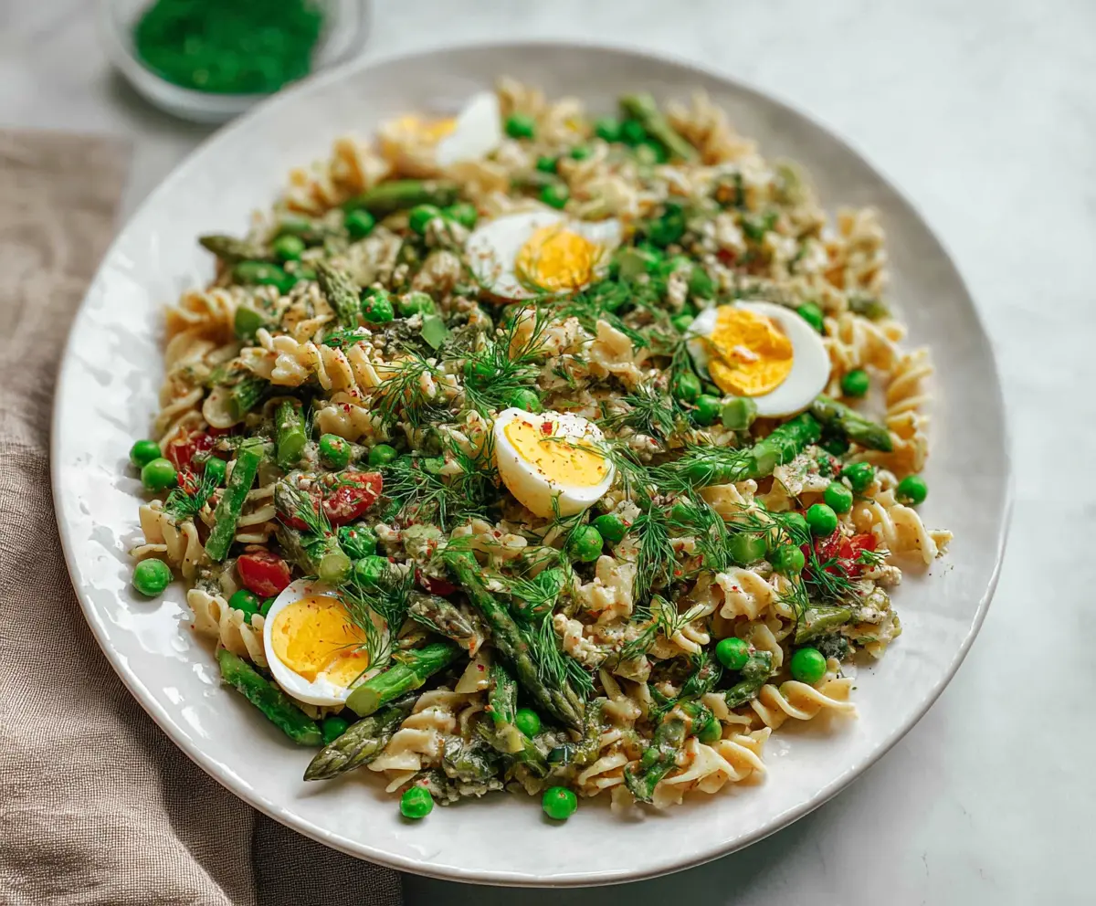 Colorful spring pasta salad with fresh vegetables and protein for a healthy meal