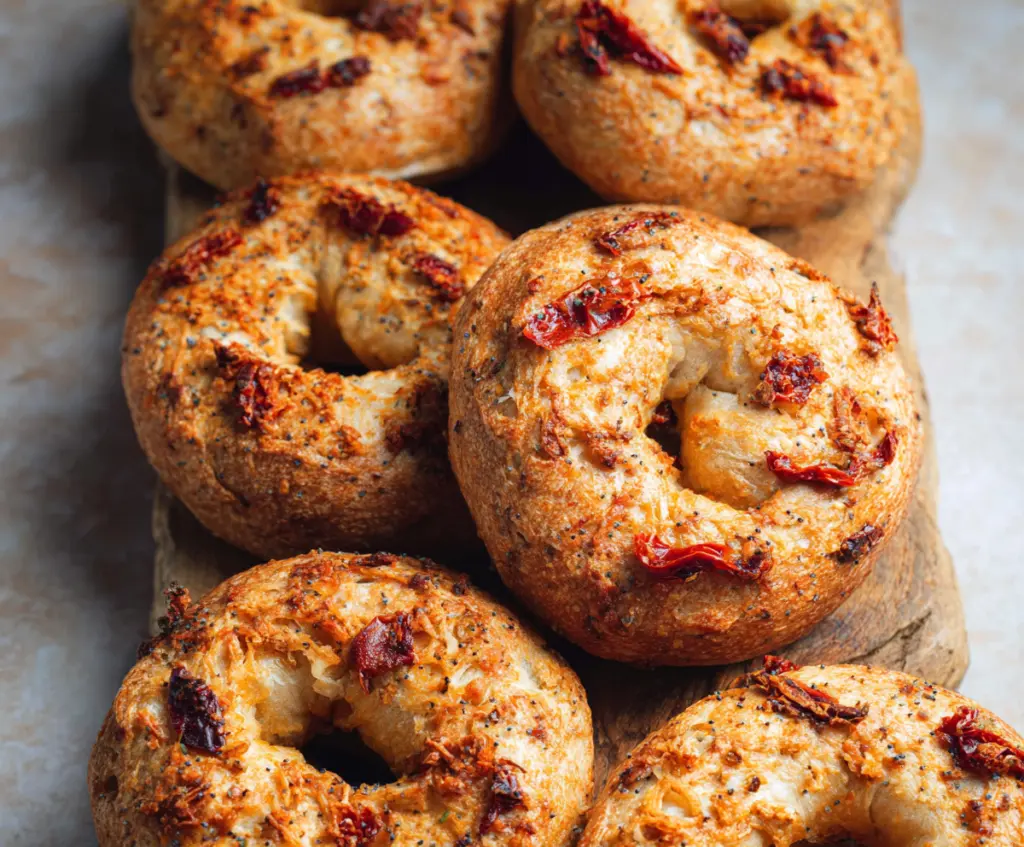 Fresh Sun-Dried Tomato Sourdough Bagels on a rustic wooden board, perfect for breakfast or a snack.